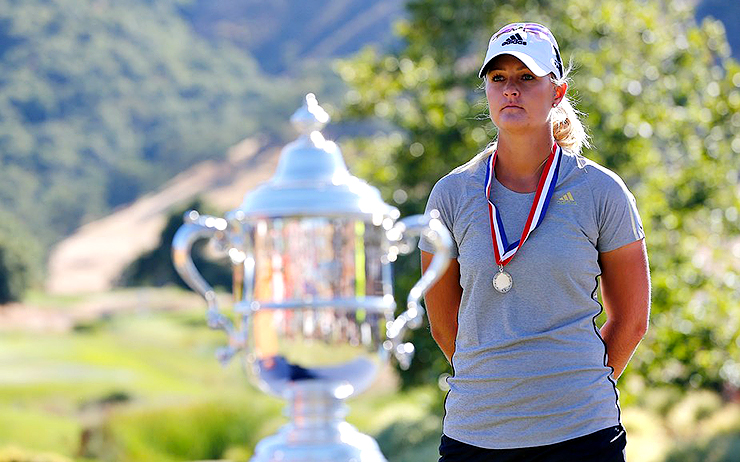 Anna Nordqvist of Sweden watches the awards ceremony on the 18th green after losing a three hole playoff against Brittany Lang after the final round of the U.S. Women’s Open. Nordqvist was ruled to have grounded her club on the 17th bunker and was assessed a two stroke penalty. (Photo by Jonathan Ferrey/Getty Images)
