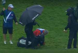 Mike "Fluff" Cowan appeared to slip on wet grass on the third hole at Hamilton Golf & Country Club during the final round of the RBC Canadian Open