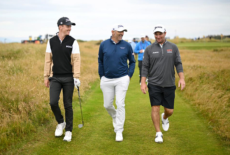 Michael Hendry (middle) walks with fellow New Zealand tour pros Daniel Hillier (left) and Ryan Fox during practice round at Royal Troon - Stuart Kerr/R&A