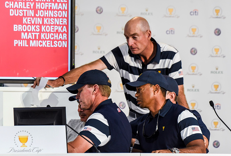 Jim Furyk works with other members of the U.S. leadership on pairings for the 2017 Presidents Cup at Liberty National - Keyur Khamar