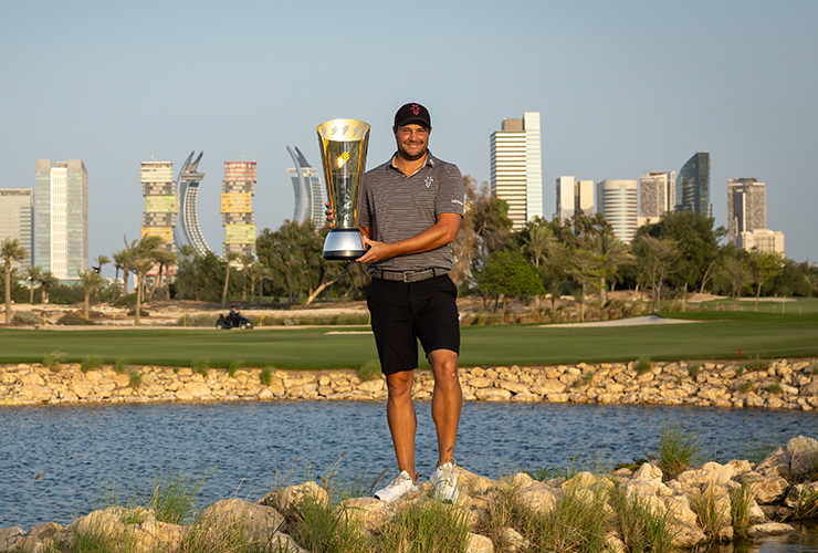 Peter Uihlein pictured with The International Series trophy at Doha Golf Club during International Series Qatar, the ninth of 10 events on The International Series in 2024. Picture by Asian Tour