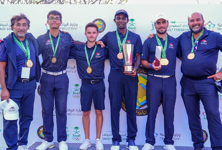 2025 GCC Championship - EGF Secretary General Khalid Mubarak Al Shamsi, Rayan Ahmed, Sam Mullane, Jonathan Selvaraj and National Team Head Coach, Faycal Serghini)