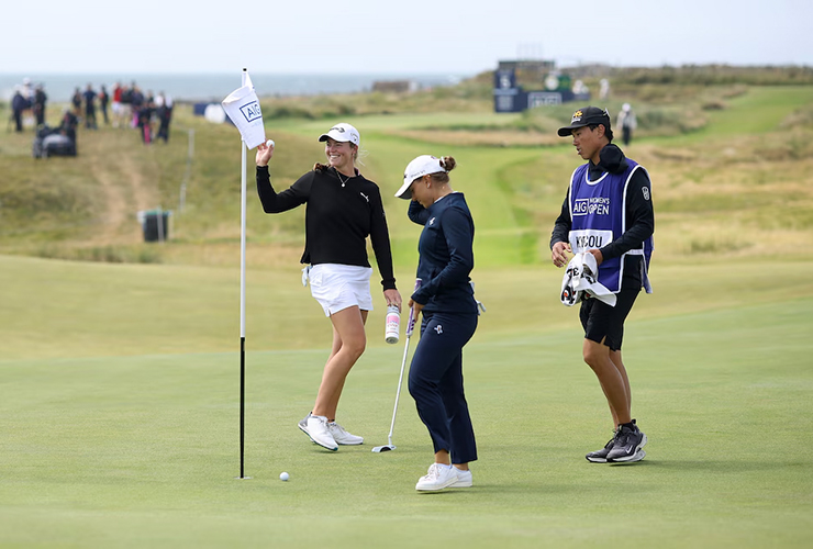 Watch English pro’s ball bounce off playing partner’s and into the hole for insane ACE(!) at AIG Women’s Open
