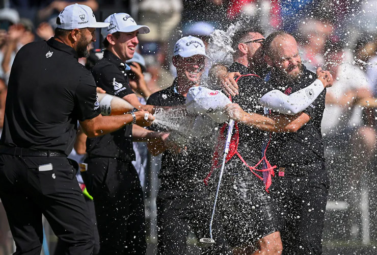 Tyrrell Hatton celebrates with his Legion XIII teammates after taking down the team and individual title on Sunday at Real Club Valderrama. Octavio Passos